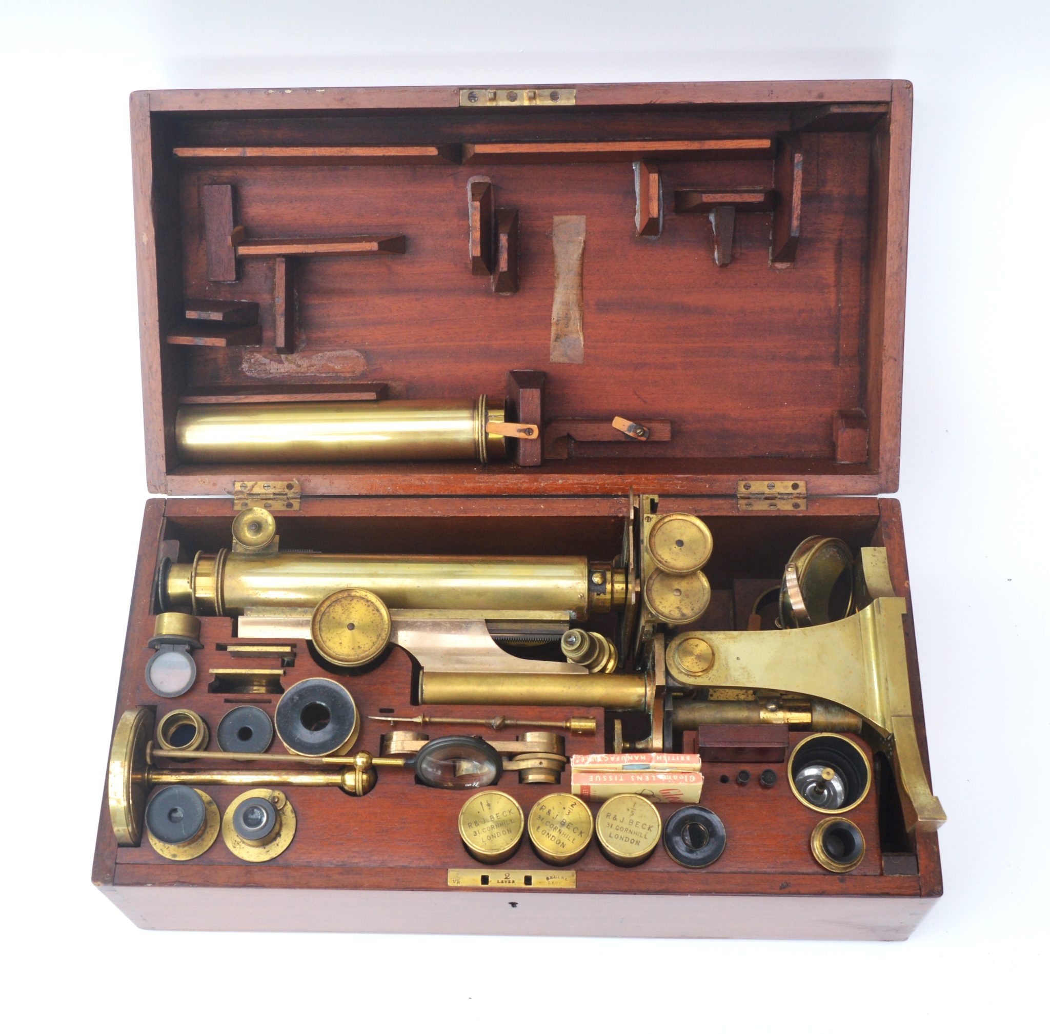 R & J Beck binocular microscope outfit.